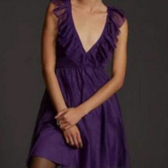Anthropologie Maeve Ruffled Tulle Mini Dress deep Purple L - Picture 3 of 8